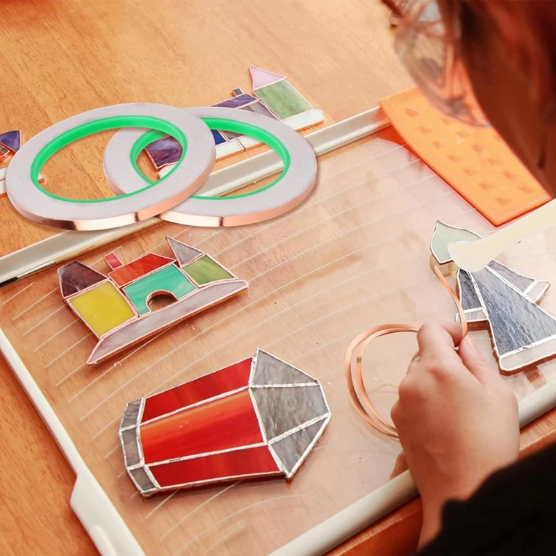 Copper Foil Tape Kit For Stained Glass, 1/5 Inch X 65.6 Feet Double-Sided Adhesive Conductive Tape With Plastic Scraper