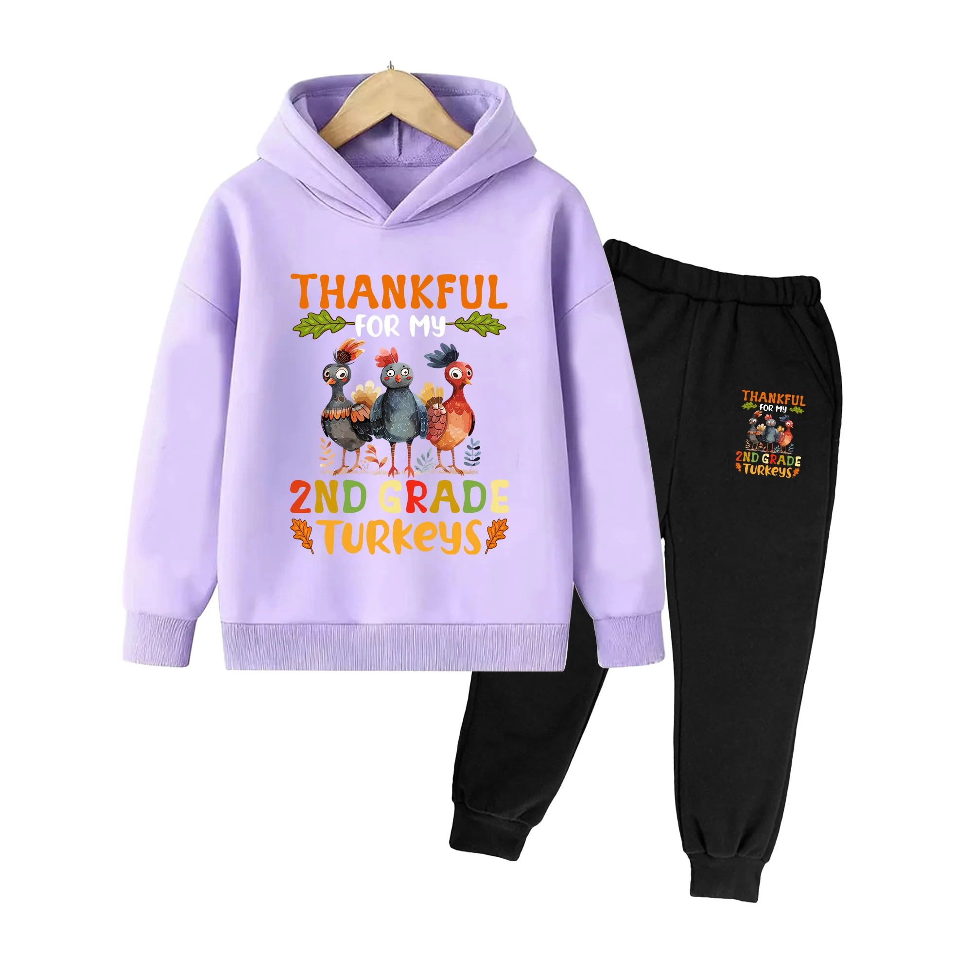 Kids Thanksgiving Thankful 2nd Grade Turkeys Print Hoodie & Sweatpants Set for Boys Girls Fall Outfit