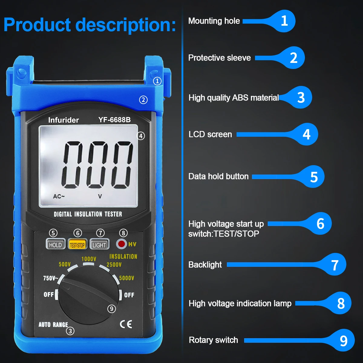 Digital Insulation Resistance Tester 5000V 200GΩ Megohmmeter 1999 Counts LCD Meter for Motor Cable Transformer Testing,HP-6688B