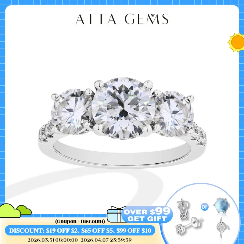 

ATTAGEMS 3 Stones Synthetic Moissanite Ring Elegant Design For Woman Man Wedding 925 Sterling Silver Rings Engagemen FineJewelry