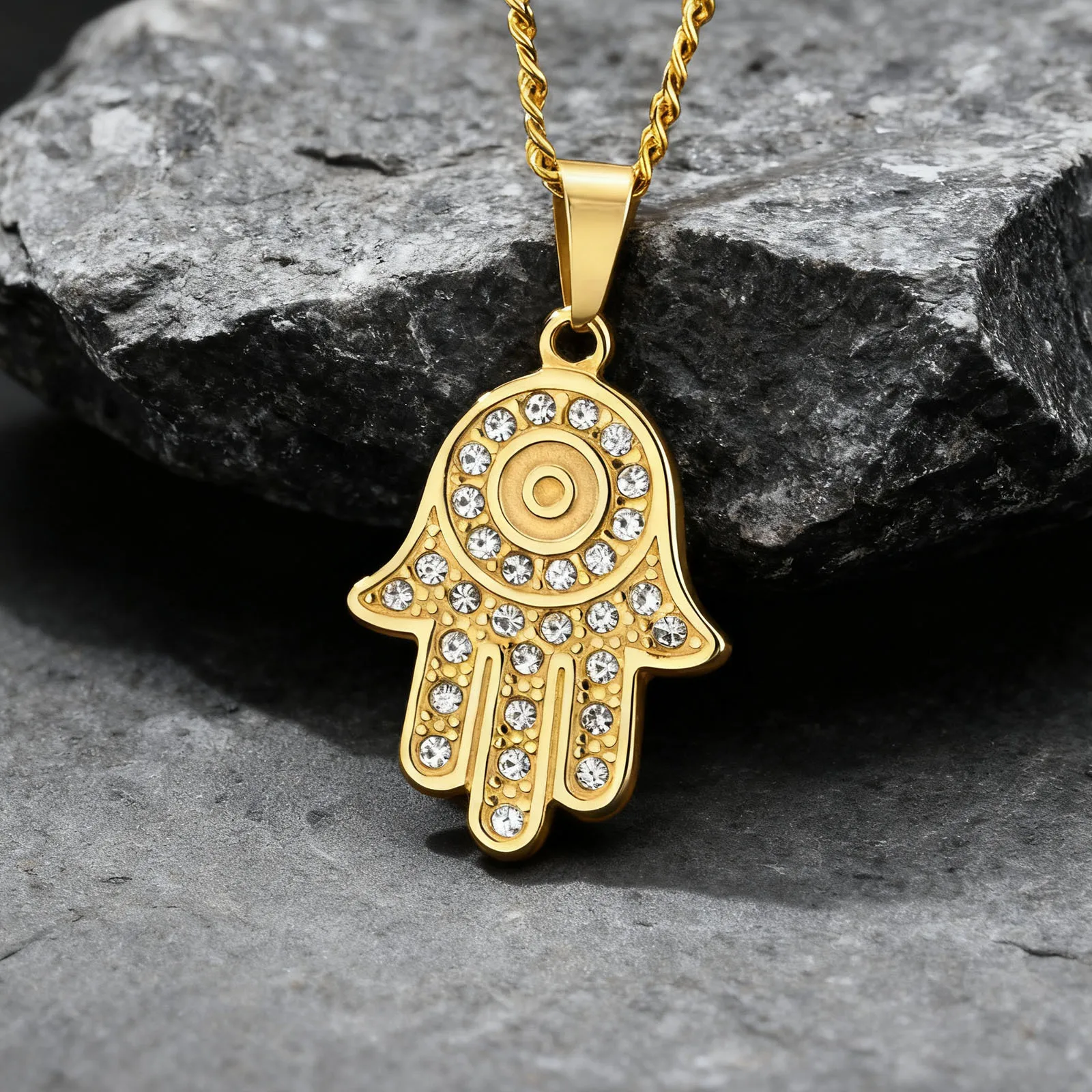 The Hand of Fatima Zircon Necklace for Men,Gold Color Evil Eye Stainless Steel Pendant,Turkish Jewelry Gift