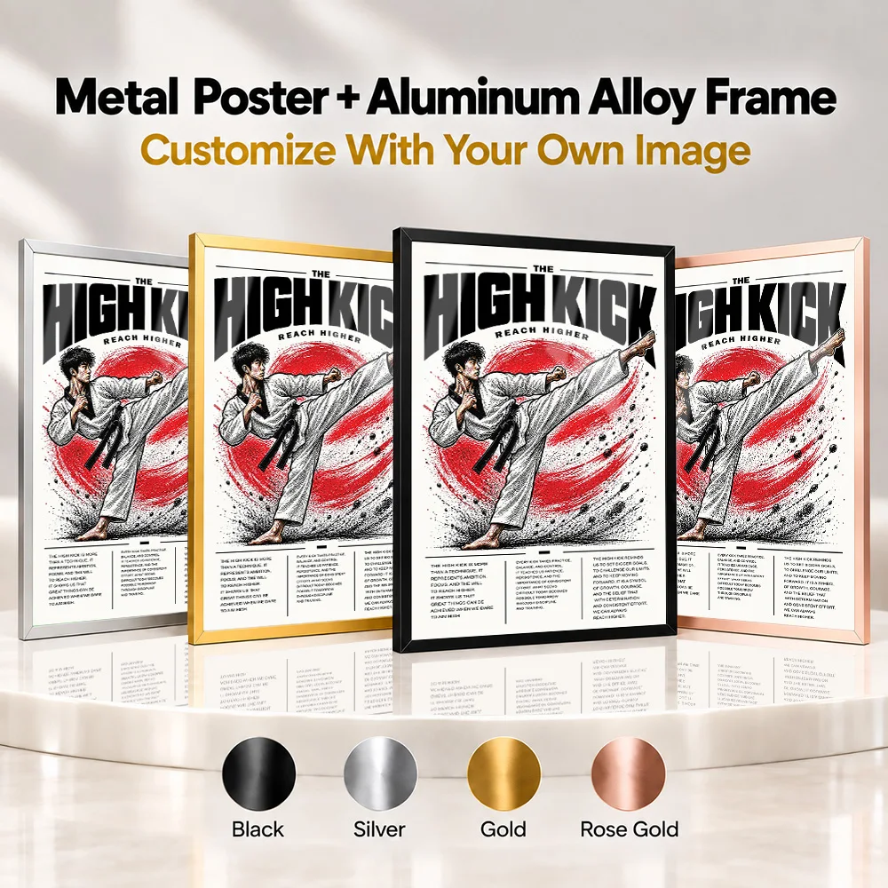 High Kick Martial Arts Framed Aluminum Metal Poster Customized Monochrome Action With Red Accents Wall Art For Training Room