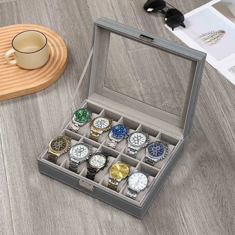 جديد رمادي ساعة جلدية صندوق تخزين صندوق عرض صندوق مجوهرات جمع صندوق جلد عالي Rnd صندوق أكل مع مرآة ماكياج #5