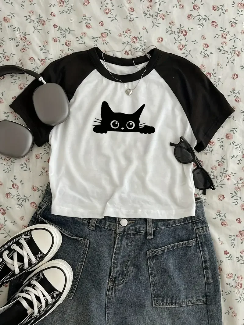 Y2k Kawaii Cat T Shirt Print Crop Top Sexy Cropped Short Sleeve Crew Neck T-shirt for Women Casual Spring Summer Clothing