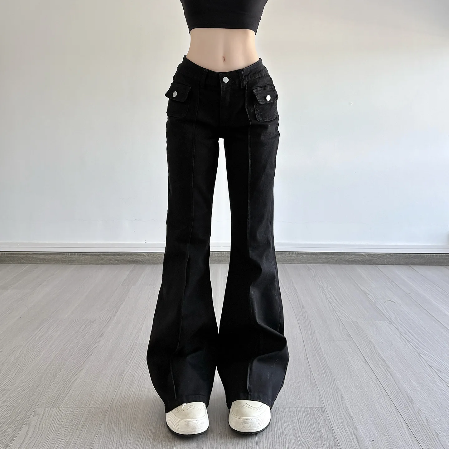 

Осенние популярные девушки с низкой талией для похудения, свободные и универсальные модные расклешенные брюки с разрезом, джинсы для женщин