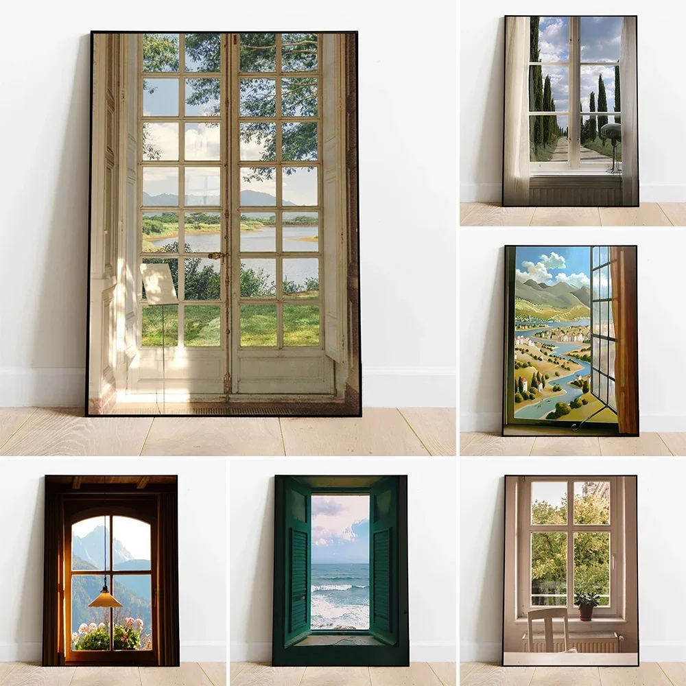 (No frame)Green Landscapes Windows Wall Art Poster Nature Europe Style Mural Modern Home Decor Canvas Pictures Prints Living