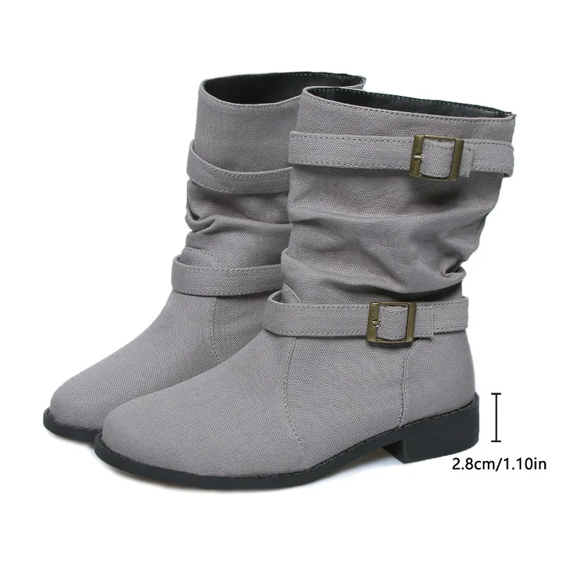 Women\'s Shoes on Sale 2024 Sleeve Women\'s Boots Autumn Round Toe Denim Solid Short Barrel Chunky Heels Large Size Fashion Boots