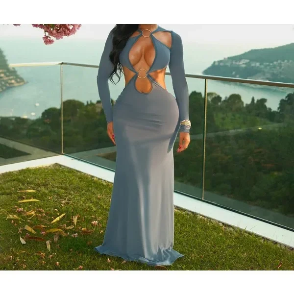 

Sexy Backless See Dress Women Hollow Bodycon Dresses Round Neck with Exposed Waist Long Sleeved Long Skirts 2025 Full Summer