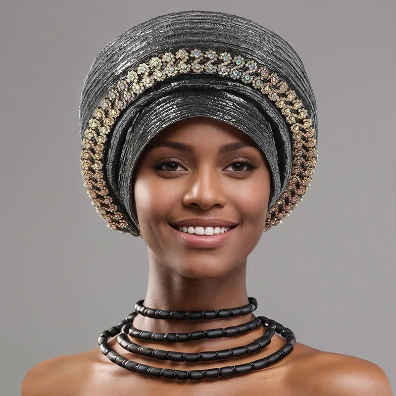

Elegant African Autogele Women's Turban Cap Nigeria Wedding Gele Ready to Wear Headtie with Embroidery Lace Party Headwear
