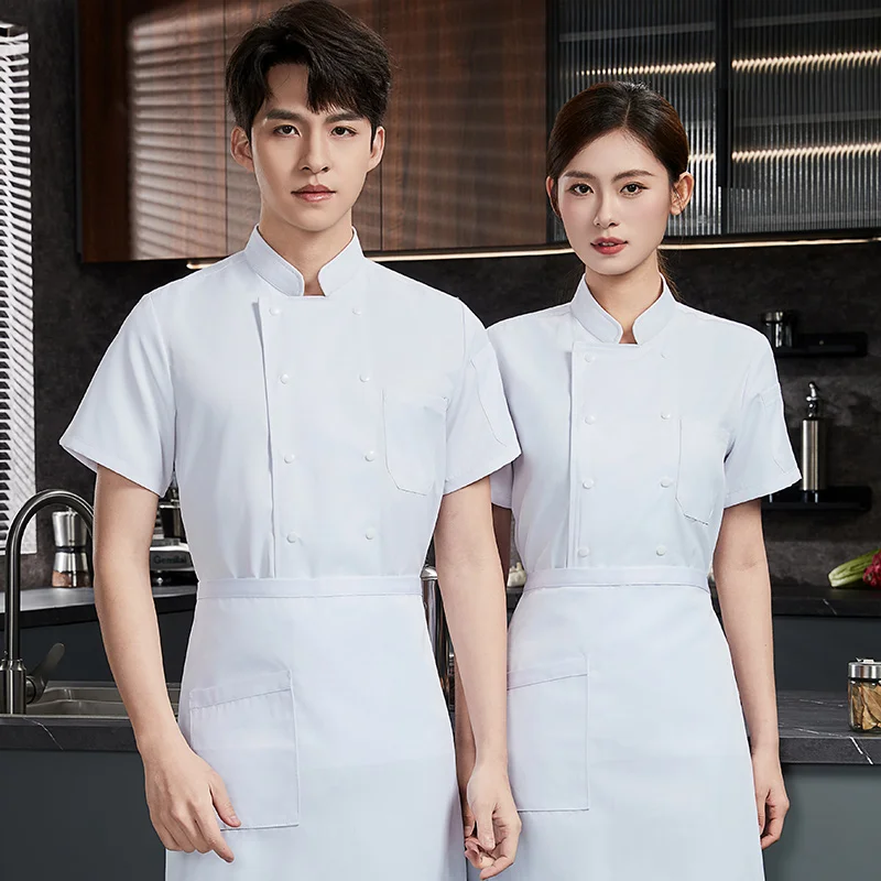 Uniforme de Chef de restaurante de manga corta, chaqueta de Chef de malla transpirable para hombre con delantal, abrigo de Chef de cocina, ropa de trabajo negra para mujer con logo