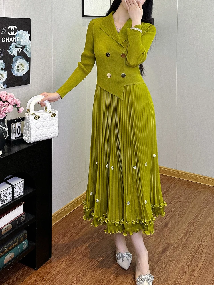 EGRM Miyake Pleated Long Dress Autumn Hot Sale Women's Double Breasted Waist Cinching Slimming High-end Stylish Versatile Skirt - Image 5