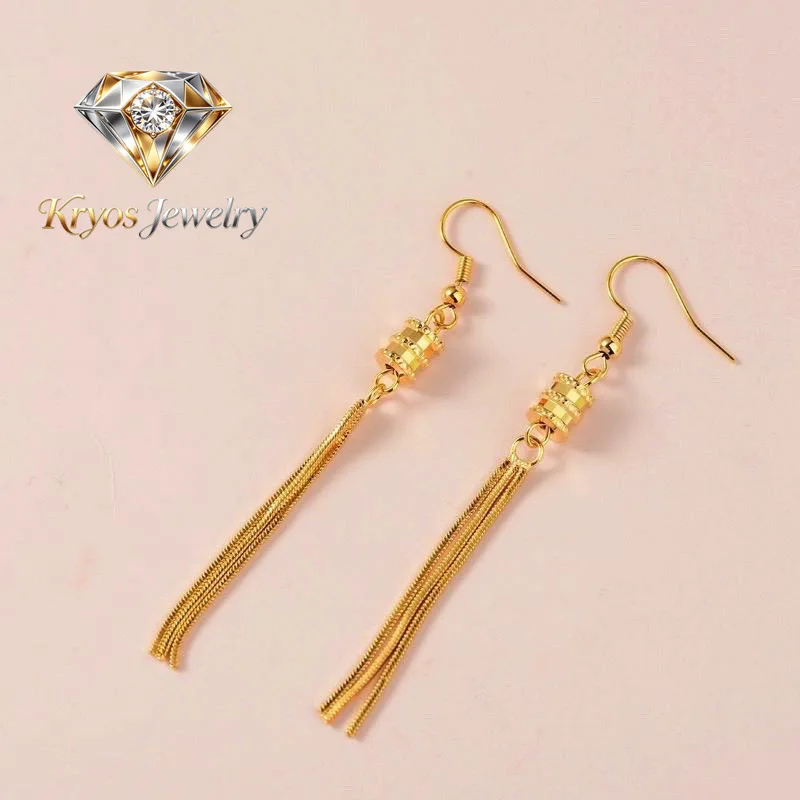 Kryos Jewelry Women's 24K Gold AU999 Slim Waist Tassel Earrings | Ancient-chiseled with silky texture, elegant for traditional s