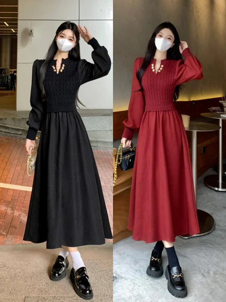 

Spring and Autumn Fashion Big Yards in the Long Korean Retro Temperament Fake Two-piece Knitted Splicing Leisure Thin Dresses