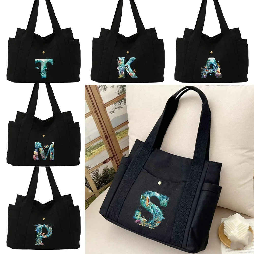 Single Shoulder Bag Women's Canvas Single Shoulder Bags Fish Letter Series Outdoor Travel Work Commuting Items Storage Bags