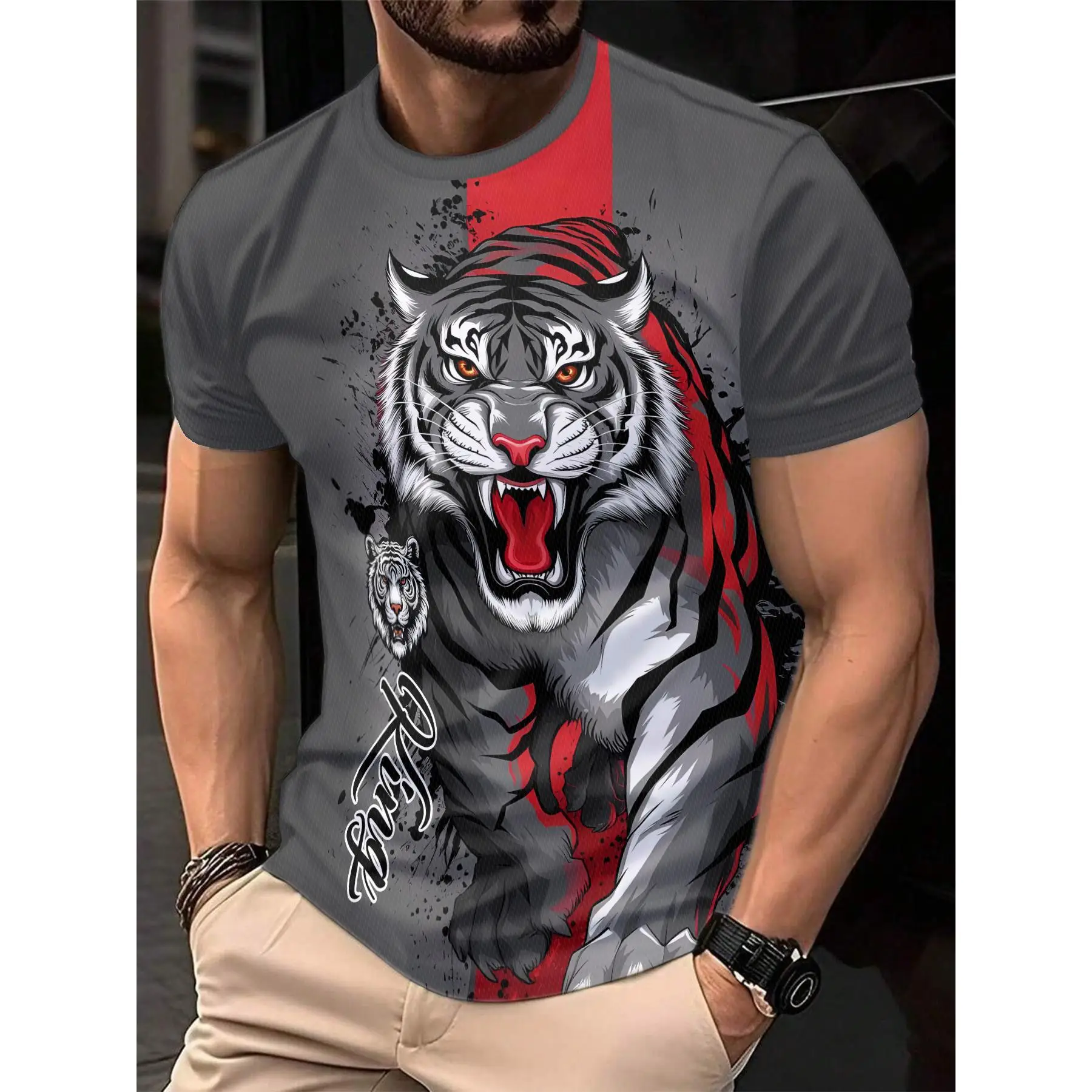 Men's 3D fierce tiger pattern printed T-shirt 3D printed summer fashion thin breathable T-shirt, polyester round neck streetwear