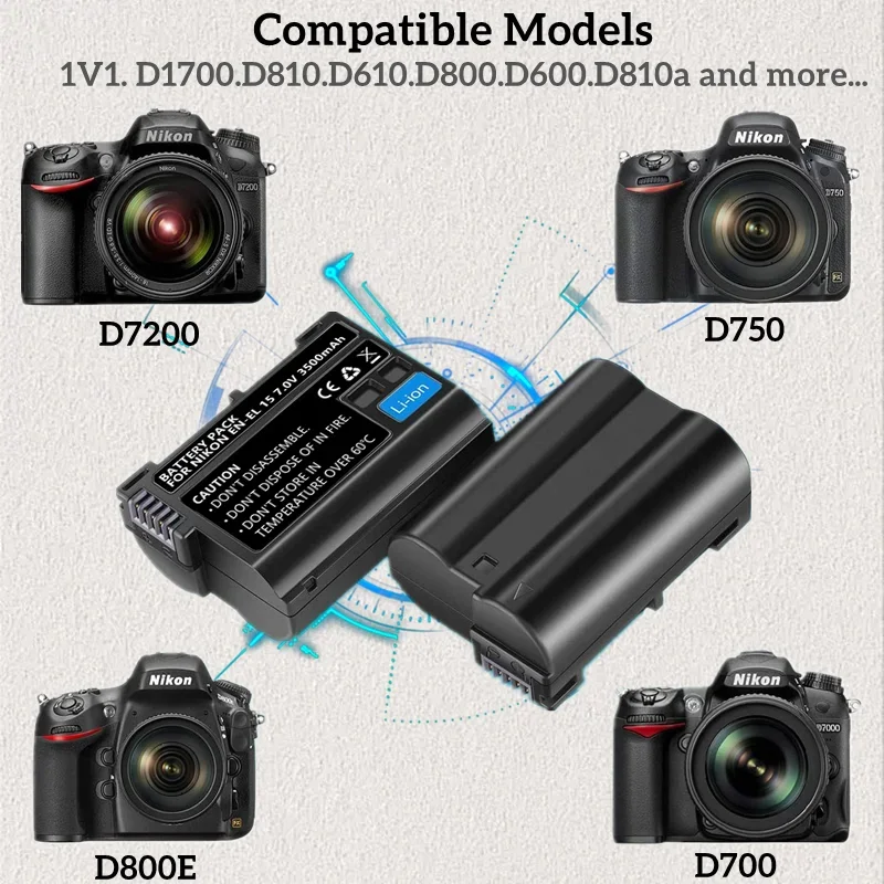 1-5Pack of EN-EL15 7.0V 3500mAh Batteries for Nikon D850,D7500,1 V1,D500,D600,D610,D750,D800,D810,D810A,D7000 Digital SLR Camera