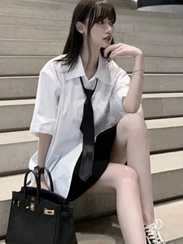 

Summer 2026 New College Style Shirt Loose White Short Sleeve Necktie Mid-Length Korean Version Polyester Women's Blouse