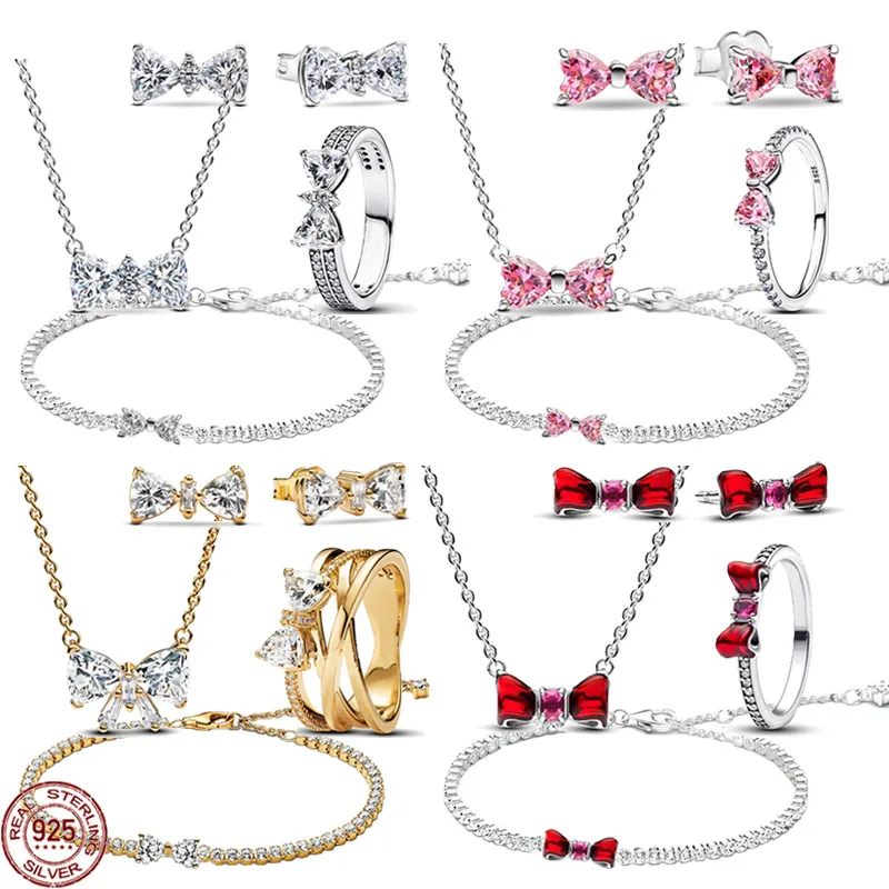 

Exquisite Red Pink Butterfly Bowknot Ring Bracelet Necklace 925 Sterling Silver Classic Charm Luxury Women's Jewelry Party Gifts