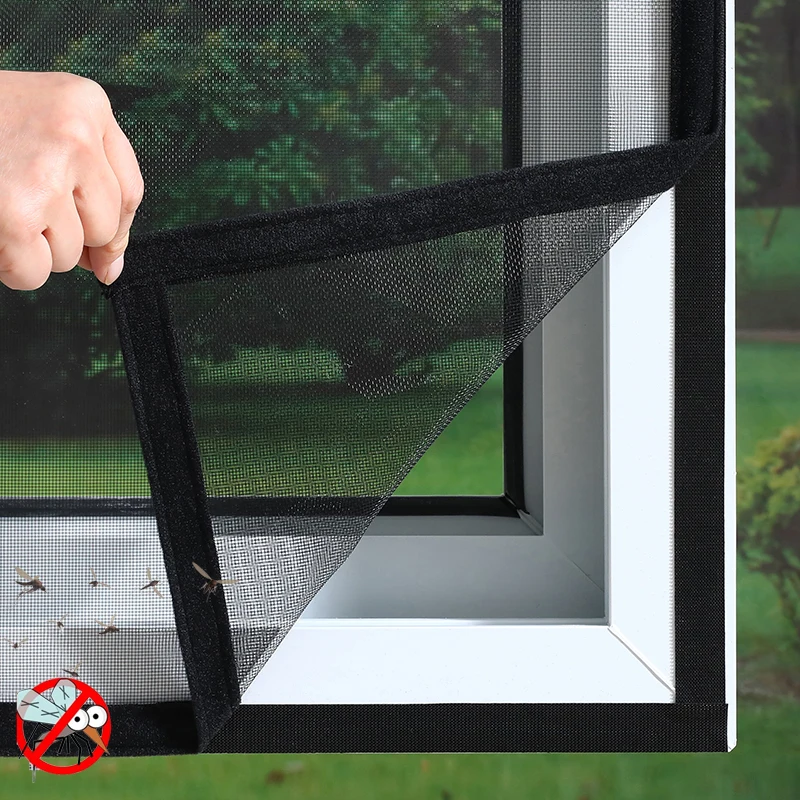 มุ้งกันยุงสำหรับหน้าต่างม่านประตูกันยุงสีดำขนาดกำหนดเองตาข่ายกรองแสงหลายขนาดพร้อมซิปมีแถบกาวในตัว