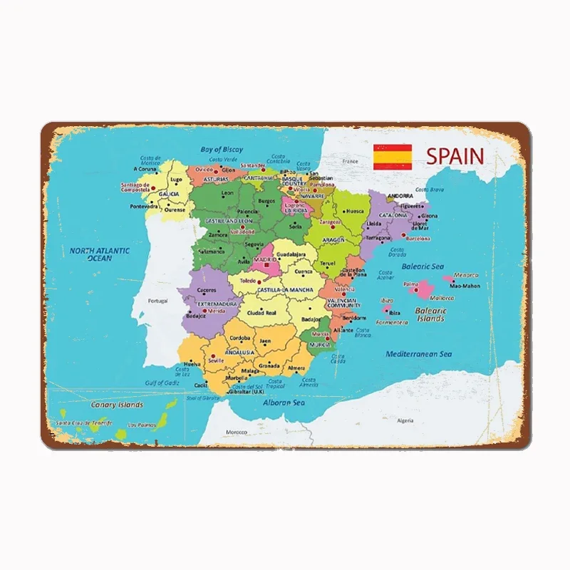 Spain Map with Regions and Main Cities Metal Sign Mural Painting Cinema Living Room Cinema Funny Tin Poster Retro Home Tavern