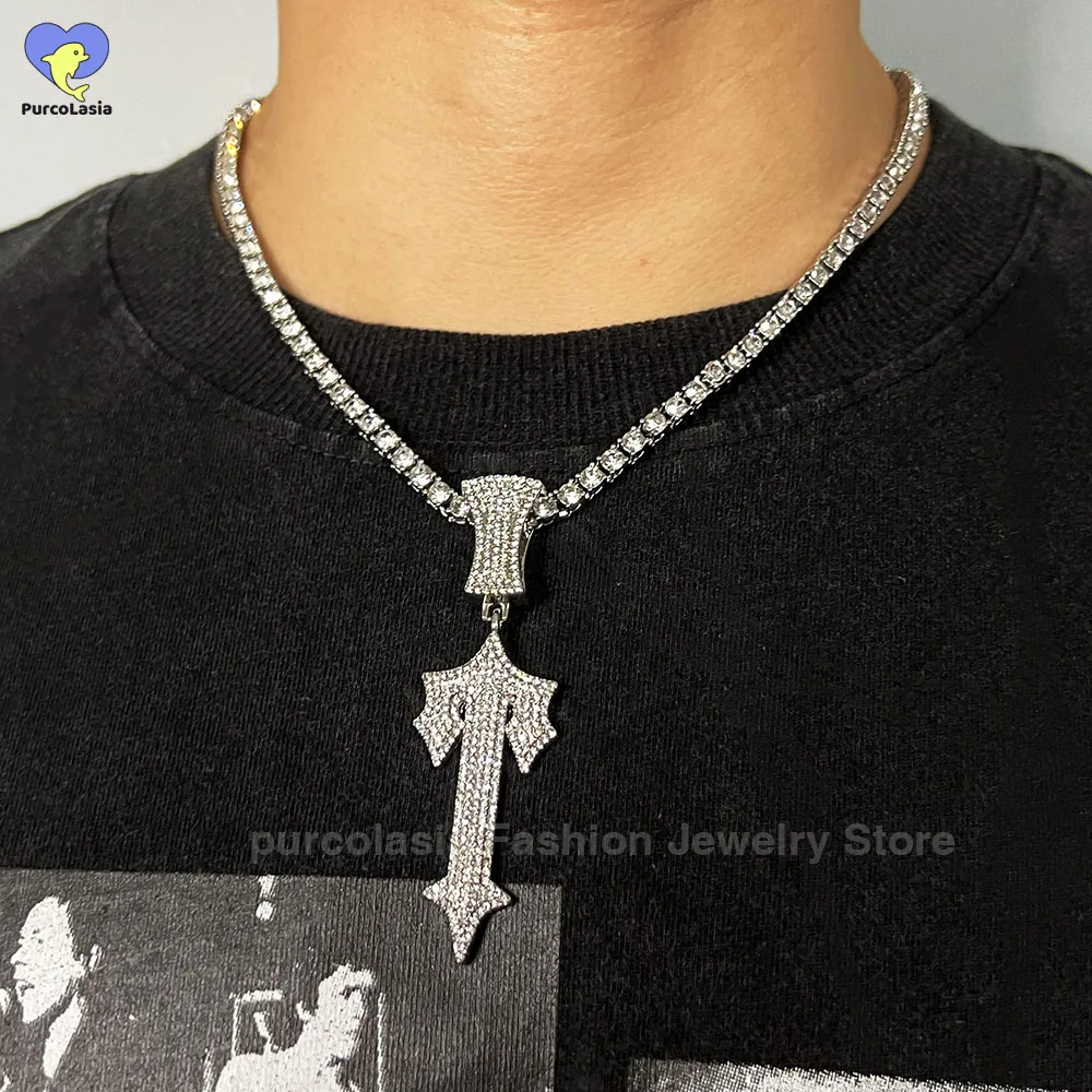 Men Hip Hop Shiny Iced Out Cross Sword Necklace with 12mm Tennis Cuban Chain HipHop Pendant Fashion Charm Jewelry