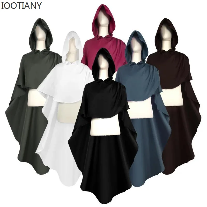 

Halloween Retro Medieval Knight Costume Adult Cosplay Wizard Church Staff Priest Cloak Medium Long Hooded Irregular Cloak Coat