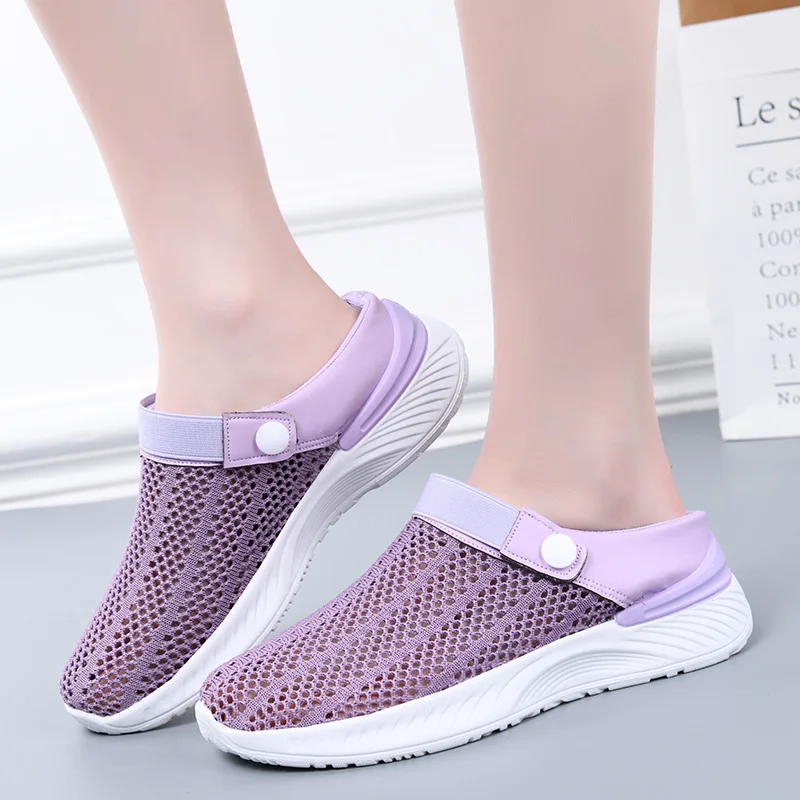 Ladies Summer Breathable Mesh Sandals Outdoor Soft Sole Comfortable Mom Walking Shoes Home Anti Slip Large Slippers 35-41