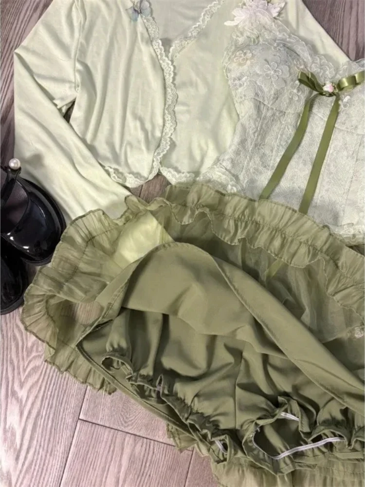 โบฮีเมียนสไตล์แห่งชาติเสื้อแขนยาวผู้หญิง + Y2k SLIM FIT Camisoleเสื้อกั๊ก + กระโปรงเอวสูง 2025 ฤดูร้อนใหม่สามชิ้นชุด