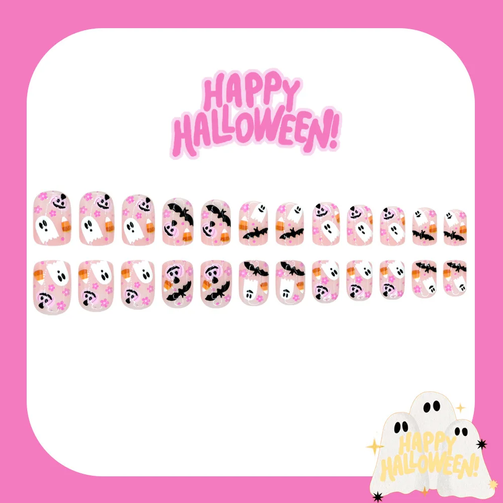 24 Stück Künstliche Nägel mit Halloween-Designs wie Kürbis, Geist und Fledermaus in Niedlichen Rosa-Tönen, Aufklebenägel Perfekt als Geschenke für Mädchen und Freunde – Detail 4