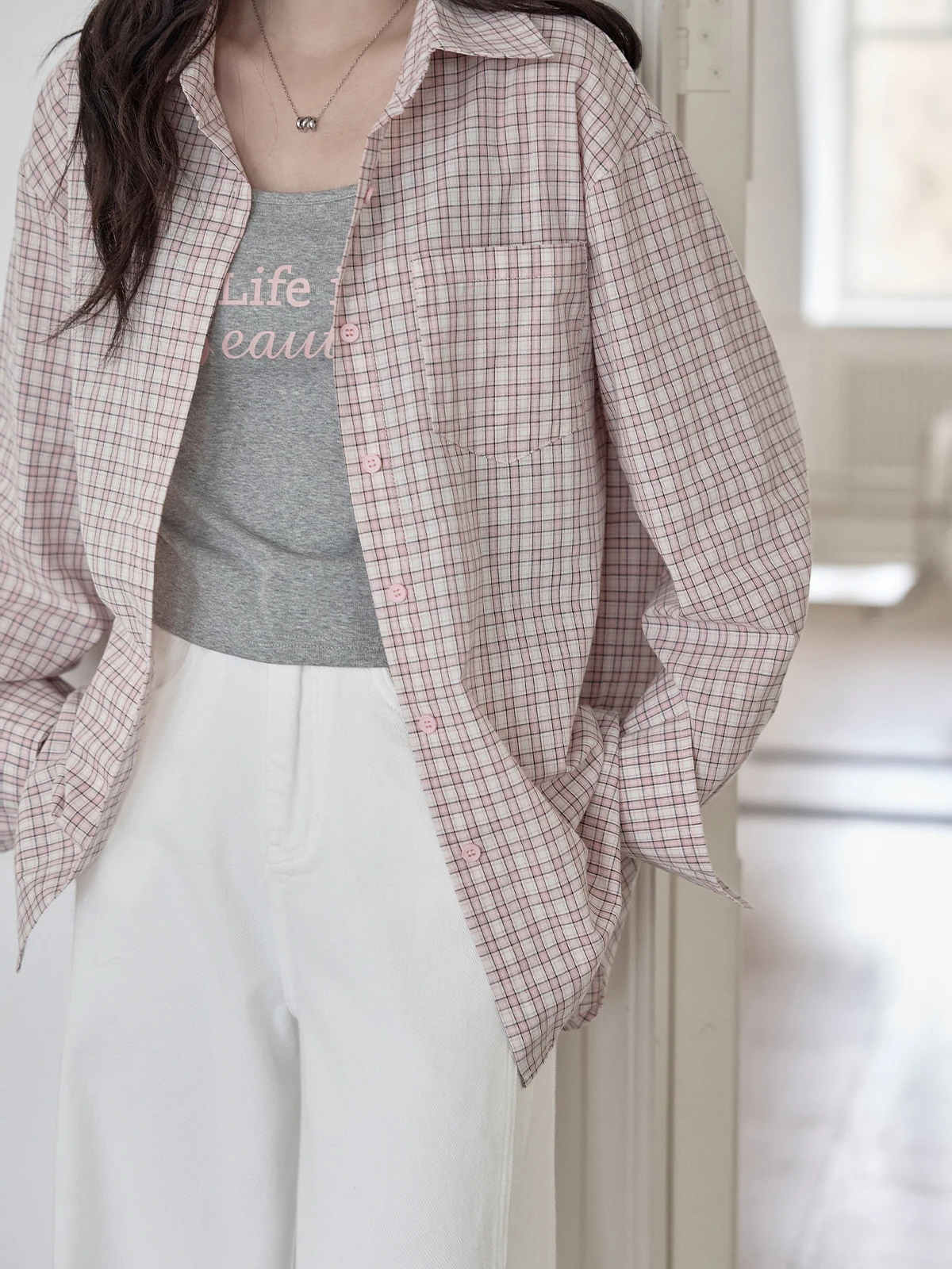 

Розовый клетчатый комплект из двух предметов для женщин HUIXI: омолаживающий, универсальный, в корейском стиле, свободного кроя, с длинными рукавами, для повседневной носки