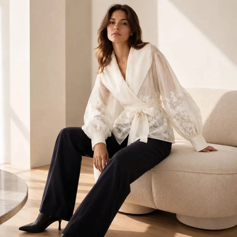 Women Organza Blouse Floral Print Lantern Sleeve Tie Waist Shirt Elegant French Style Large Collar Top Summer Fashion