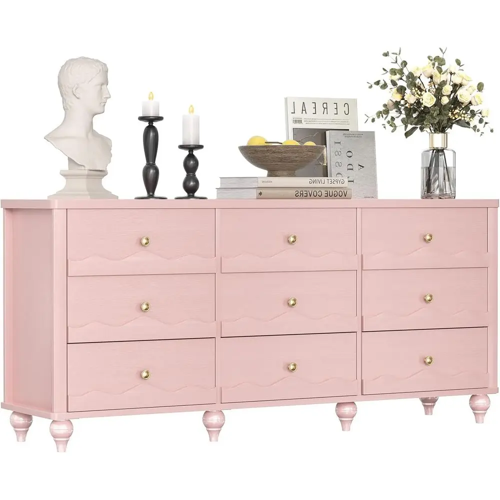 

Scalloped Design Wood Chest of Drawers, 63 Wide, for Bedroom, Living Room, Hallway (Pink)