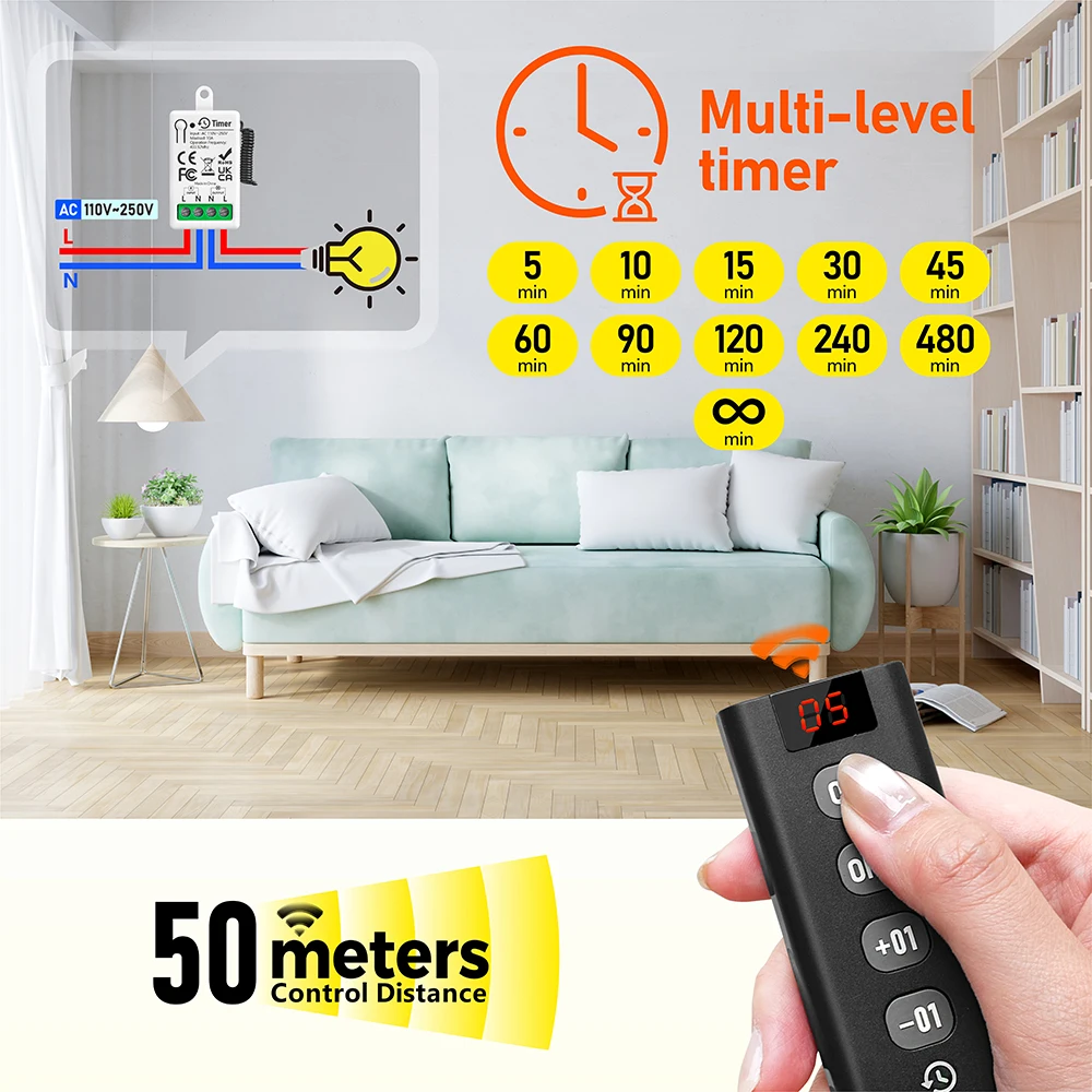 433MHz Wireless Remote Control Timer Light Switch 110V 220V 10 Gears Delay Mode Countdown Relay for Lamp Fan Home Appliances