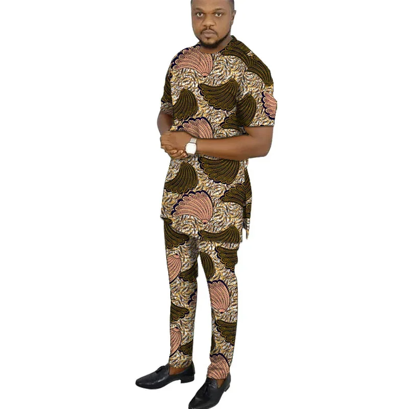 

African Print Men's Dashiki Top with Patch Elastic Waist Pants - Tailor Made Traditional Party Wear Original Design