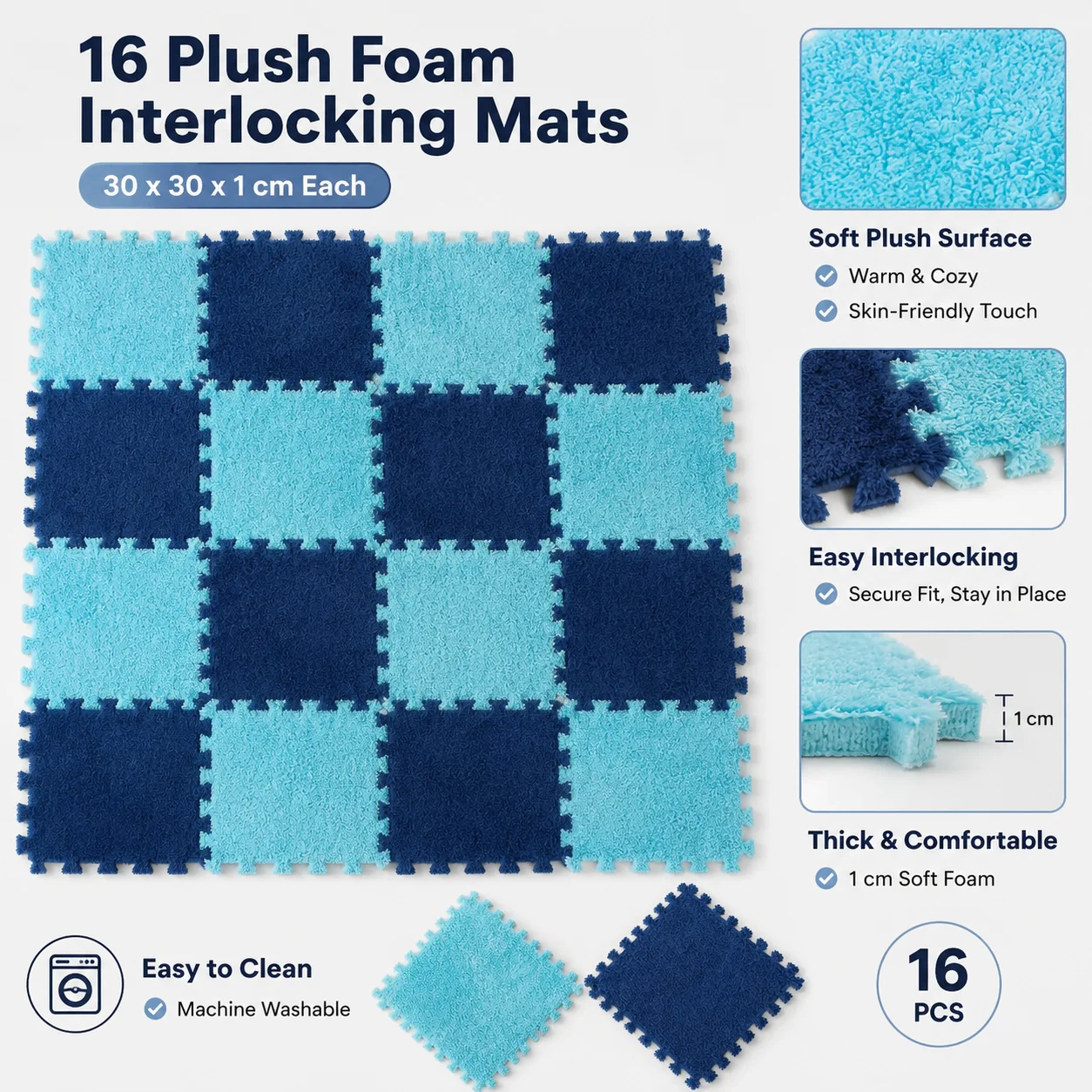 16Pcs Plush Foam Interlocking Mats Soft Puzzle Floor Tiles 30x30cm for Bedroom Kids Room Play Area Bedside Carpet