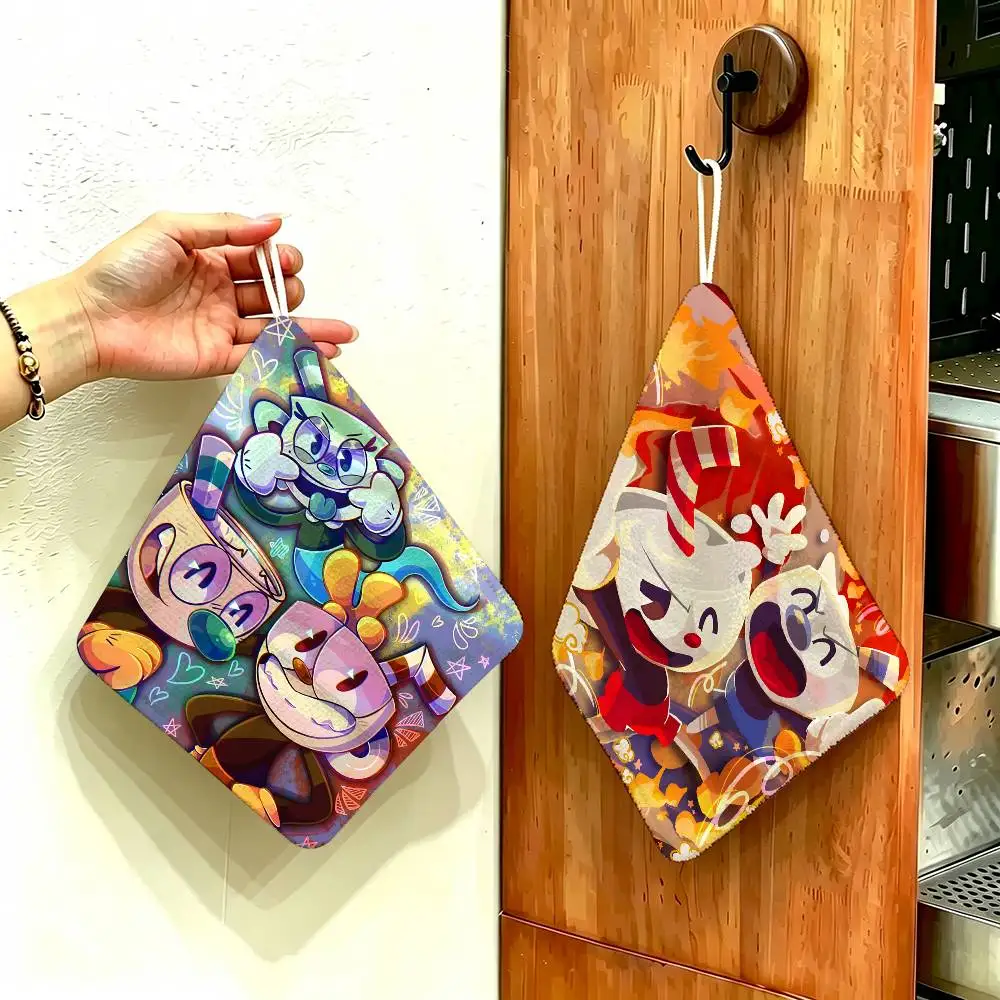 Cuphead Game Hanging Kitchen Towel, Polyester Cotton Fabric, Absorbent Hand Wiping Towel for Home Dormitory