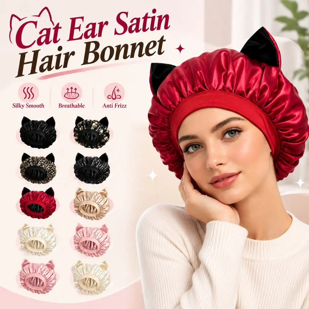 New Silky Smooth Satin Hair Bonnet Elastic Band Lightweight Cat Ear Sleep Cap Breathable Soft Hair Protection Hat Night Sleep