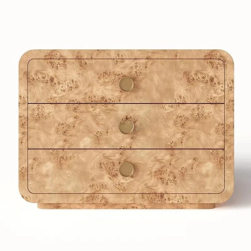 Luxury Burl Wood Veneer Bedside Table Wooden Nightstand for Bedroom Interior Furniture Modern Side Table Storage Cabinet