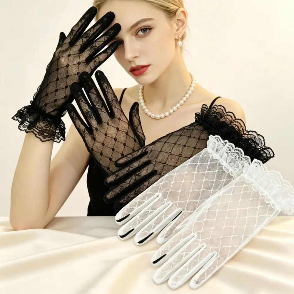 Women Summer Thin Fishnet Lace Gloves Full Finger UV Protection Mittens Black White