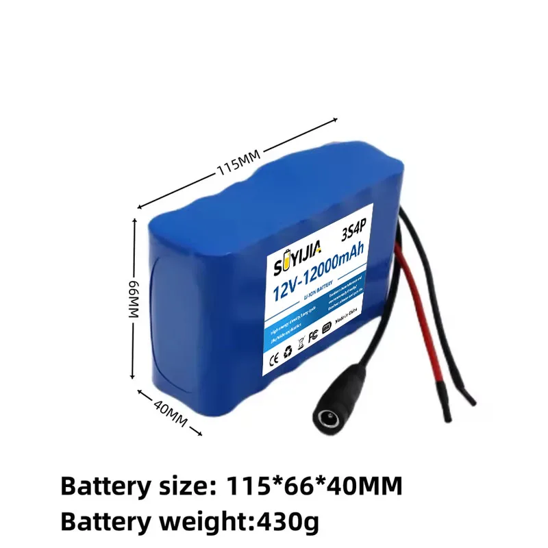 Batterie Lithium-ion 3s4p 12V  18650, 12V 12000mAh DC12.6V, Batterie Rechargeable De Très Grande Capacité Avec BMS + Chargeur