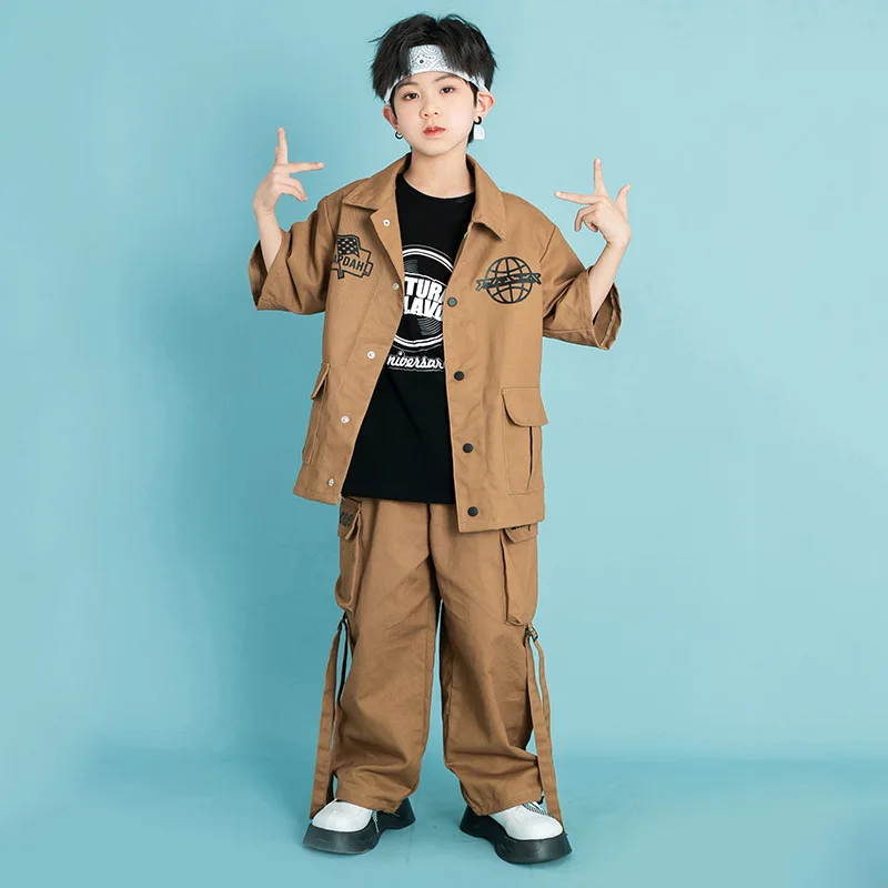 

Kid Hip Hop Clothing Brown Print Short Sleeve Shirt Top Casual Street Strap Cargo Pants for Girl Boy Jazz Dance Costume Clothes