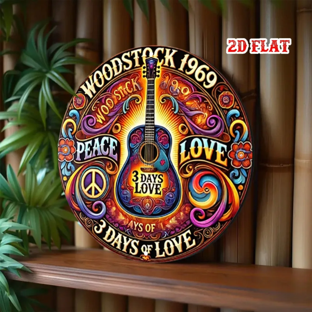 2D Flat, 1pc 1969 Round Aluminum Sign - 3 Days of Peace Love & Music Retro Metal Wall Art with Psychedelic Floral Guitar Design