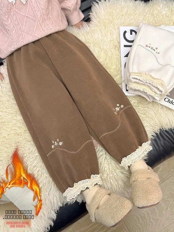 

Утепленные флисовые повседневные брюки для девочек с цветочным принтом, осенне-зимние, новые, теплые, с оборками по низу, прямые штанины