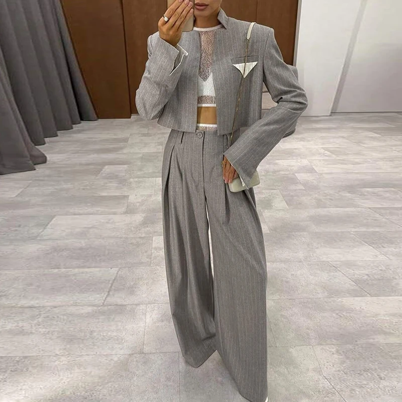 

Полосатый весенний наряд с длинными рукавами и принтом, модный уличный прямой комплект из 2 предметов, женская куртка с воротником-стойкой и брюки, офисный костюм