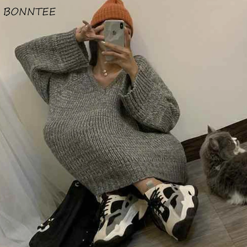 

Sweater Pullovers Women Autumn V-neck Solid Gray Simple All-match Loose Design Clothing Elegant Tender Soft Warm Ulzzang Trendy