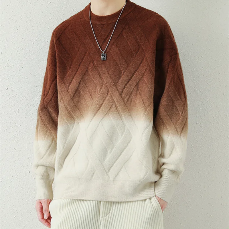 

2024 Christmas Sweater Men's Knitted Sweater Men Gradient Stripe Pattern Knitted Pullover Mock Neck Sweaters New Winter Clothing