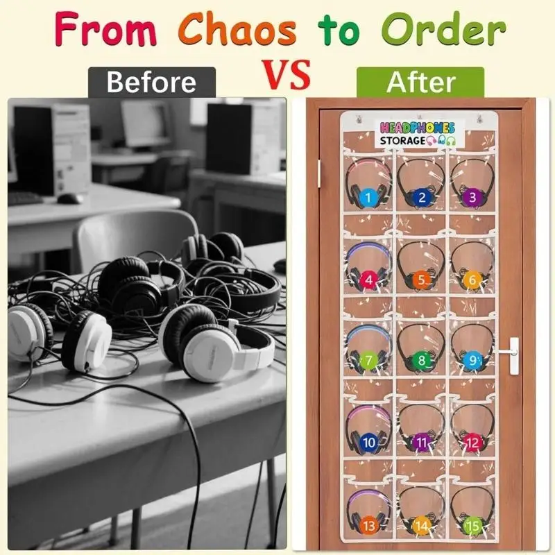 31BA Classroom Headphone Storage, 2 Pack Clear 30 Pocket Door Panels