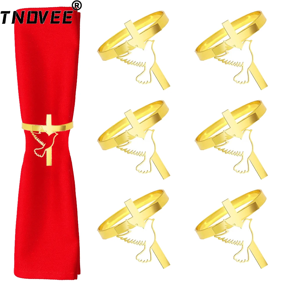 6Pcs Easter Napkin Rings Peace Dove Cross Napkin Ring Holder Gold Napkin Buckles for Religious Gift Supplies Party Table Decor