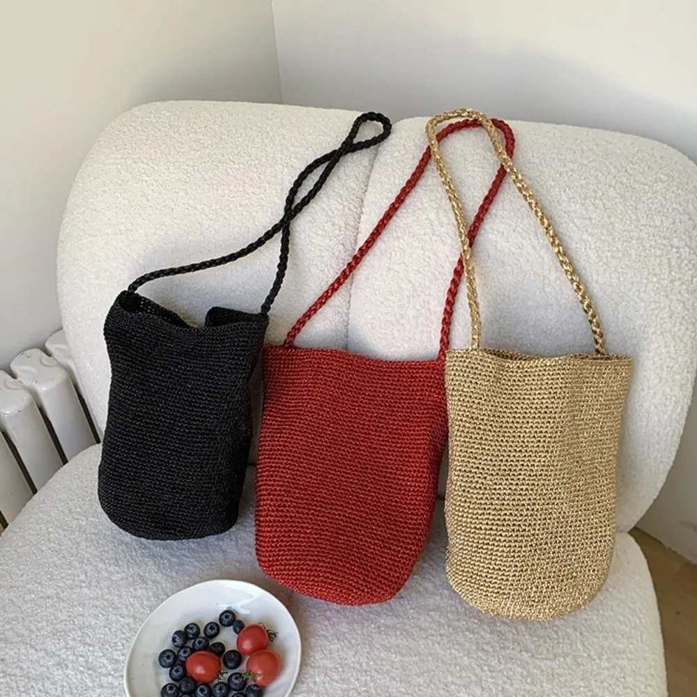 New Large Capacity Handwoven Bucket Bag Boho Solid Color Shoulder Bag Straw Design Handmade Crossbody Bag Gifts image 3