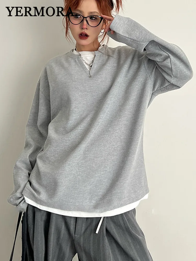 

YERMORA Gray Fake Two Pieces Set Casual T-shirt For Women V-neck Long Sleeve Loose New Tops Fashion Tide Spring Autumn 2025